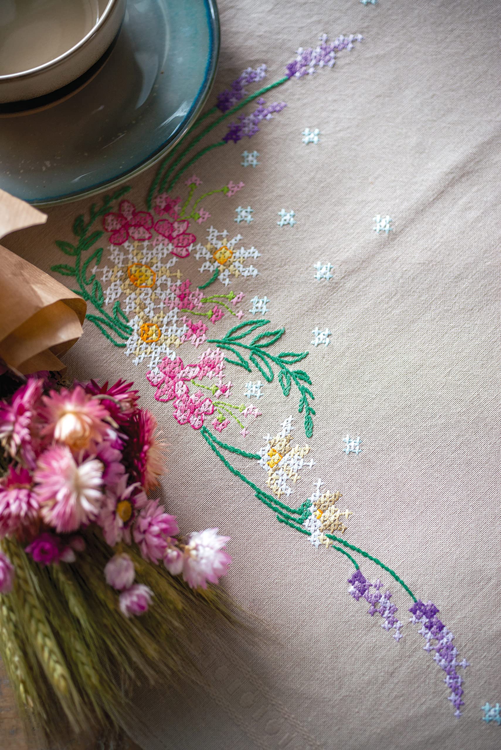Vervaco Stamped Tablecloth Cross Stitch Kit 32"X32"-Spring Flowers