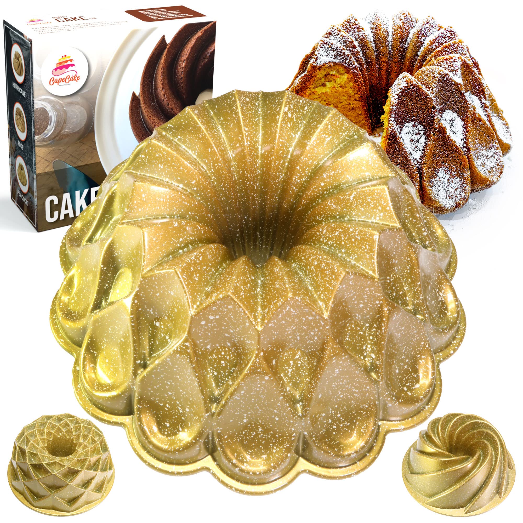 CapeCake Ring Cake Tin, 24cm Diameter Cast Aluminum Baking Tin, Premium Fluted Ring Cake Mould, Round Baking Pan with Dual Layer of Nonstick Coating, Durable Fluted Tin (Peacock)