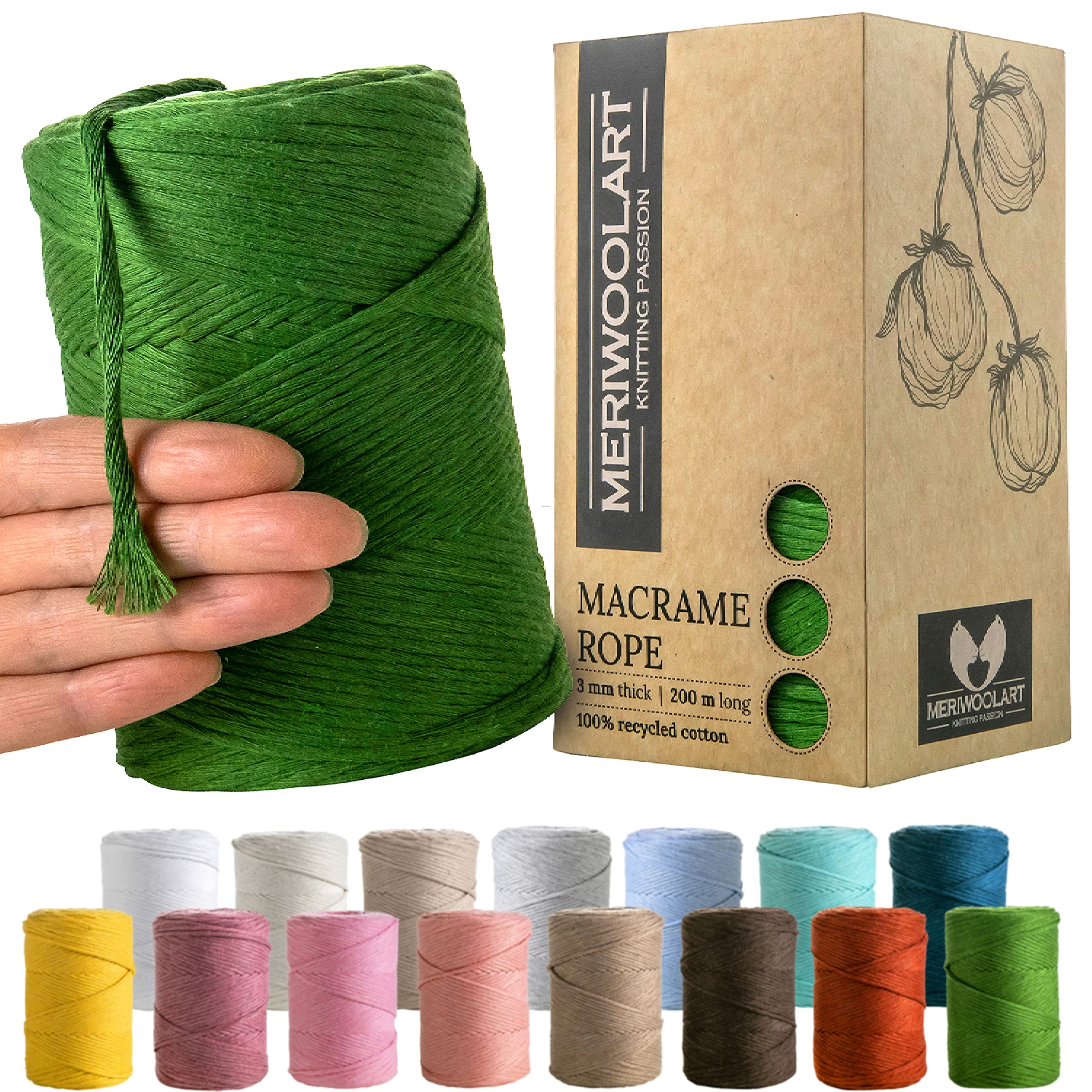 MeriWoolArt Macrame Cord 3mm Green - Macrame Rope 200m - Super Soft, Single Twist Macrame String - Oeko-Tex 100% Recycled Cotton Macrame Cord Coloured- For DIY Macrame Crafts, Boho Home Décor