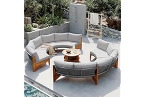 XD DESIGNS 6-Person Outdoor Seating Group with Coffee Table, Half Moon Patio Sectional Sofa Set, All Weather Conversation Sofa Set with Acacia Wood Frame and Thick Cushions for Backyard Poolside (Grey+Acacia)