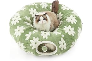 LE SURE Lesure Cat Tunnel Bed for Indoor Cats - Cute Cat Donut Tunnel Toys with Washable Circle Cushion, Round Pet Peekaboo Cave Toy for Kitten/Puppy/Rabbit, Green