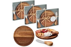 Maxcheck 3 Sets Baby Shower Bridal Game Prizes for Winners Round Cheese Board Set Wood Mini Charcuterie Board with Knives and Forks Thank You Card with Gift Box for Guests Wedding (Acacia)