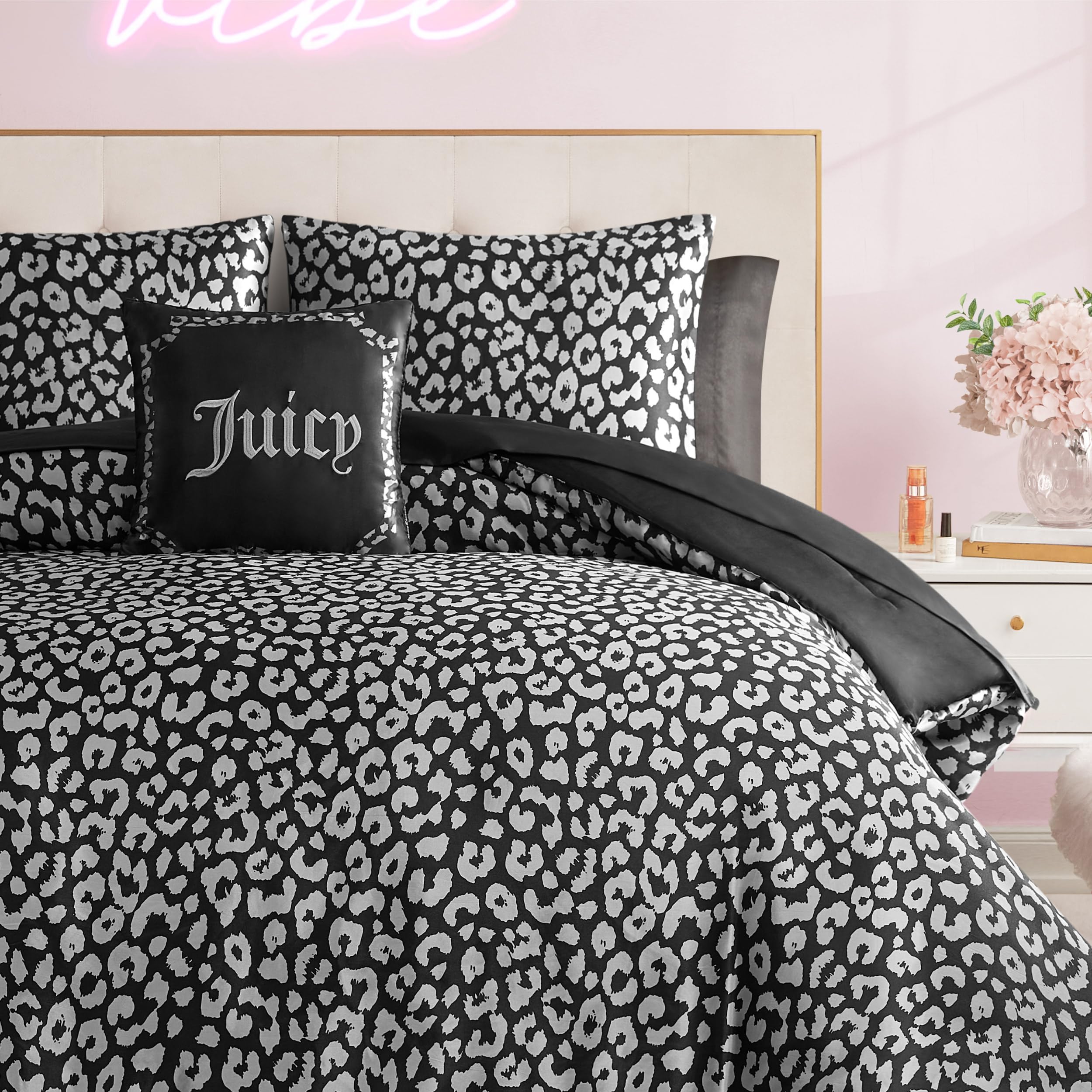 Juicy Couture Modern Black Leopard Satin King Comforter Set – Luxury Bed in a Bag – Soft & Stylish 8-Piece Bedding Collection