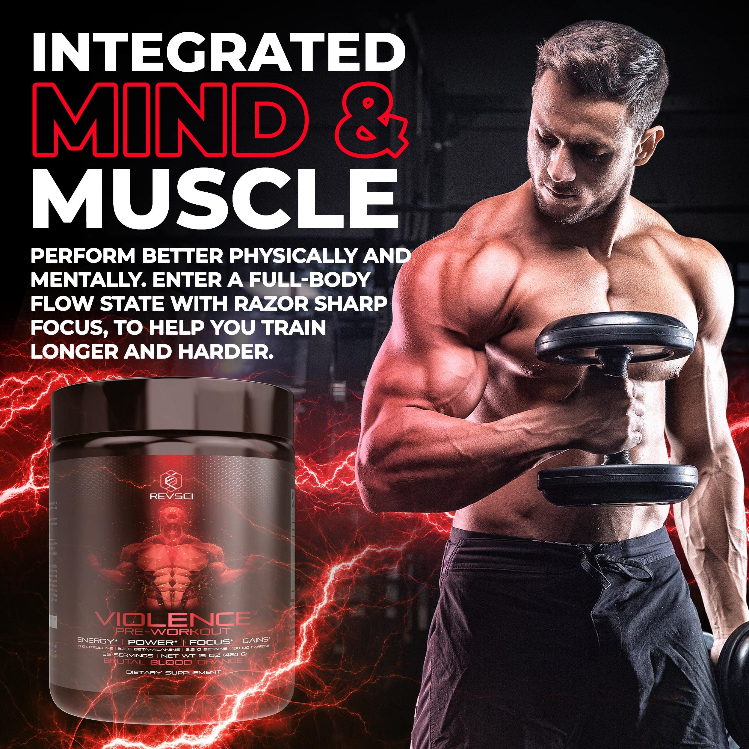 Violence Pre Workout Powder for Men & Women, Clinically Dosed Preworkout, 180 mg Caffeine + L-Theanine, L Citrulline Malate, Beta Alanine, Alpha GPC - 25 Servings, Blood Orange - Energy, Focus & Pump