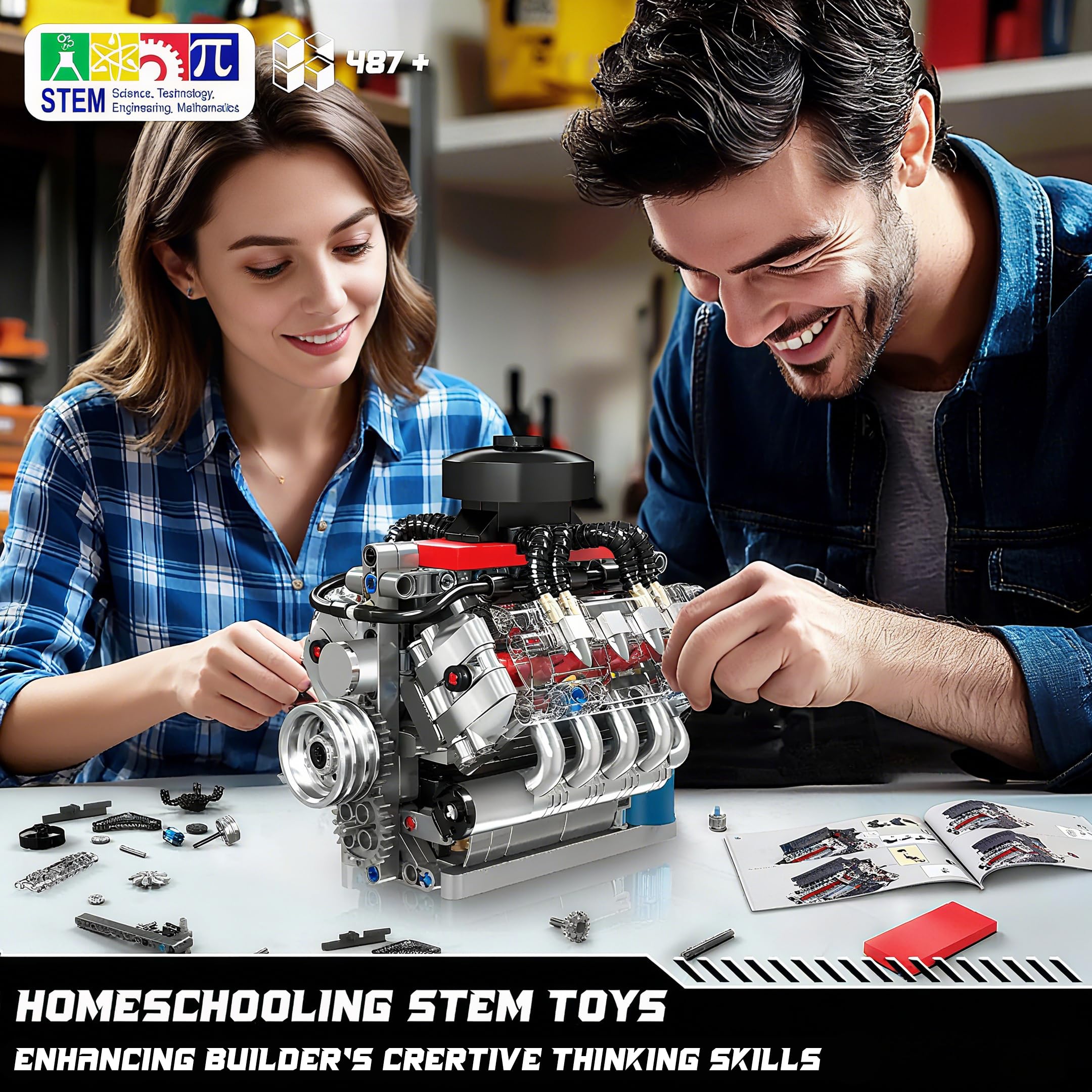 Mould King 10171 Technik V8 Motor Bausteine Spielzeug, APP V8 Motor Bausatz Auto Klemmbausteine Technik Modell Enthält Acht-Zylinder und Batteriekasten als Spielzeug/Geschenk/Sammlerstücke (487 Teile) 5