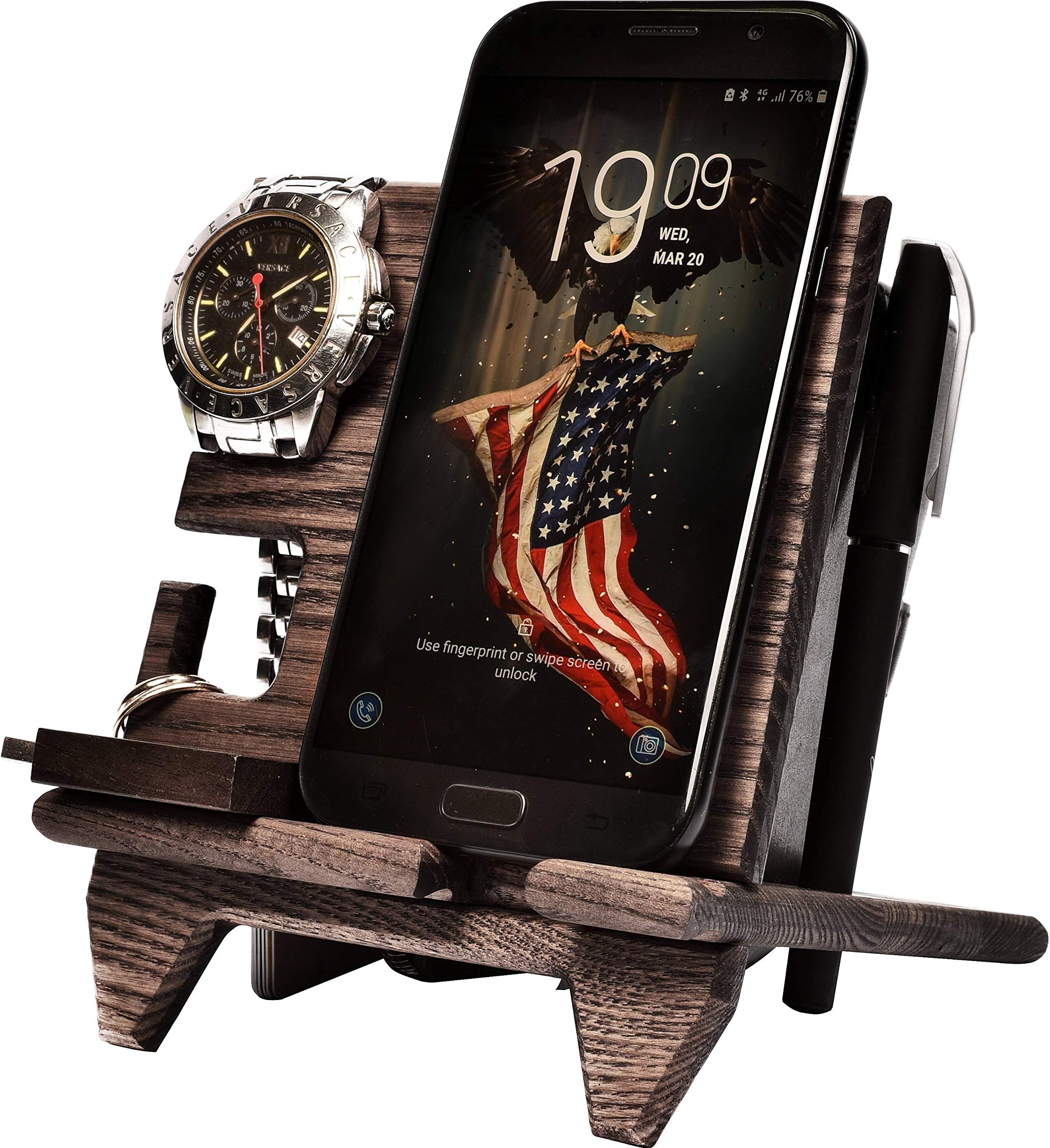 BarvA Small Wood Docking Station Cell Phone Smartwatch Holder Men Charging Accessory Nightstand Mobile Desktop Mini EDC Organizer Dresser Wallet Storage Anniversary Birthday Graduation Gift