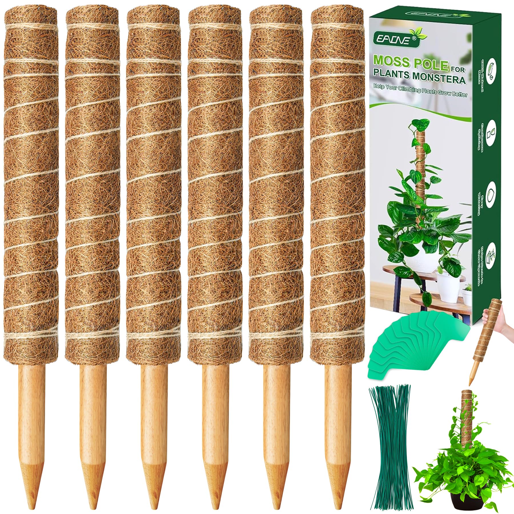 Photo 1 of EAONE 96'' Moss Pole for Plants Indoor, 6 Pack 16” Monstera Plant Support Moss Stick for Climbing Plants, Stackable Coir Totem Pole Monstera Stakes with 12 Plant Labels & 100 Ties for Potted Plants