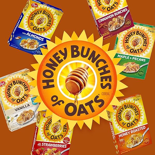 HONEY BUNCHES OF OATS WITH ALMONDS BREAKFAST CEREAL, ALMOND CEREAL WITH OATS AND GRANOLA CLUSTERS, FAMILY SIZE 18 OZ BOX