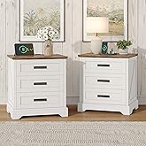 Whalefall Farmhouse Night Stand Set of 2, Large 3 Drawers Bedside Table with Charging Station, 22 inch Wide End Table for Bedroom, 2pcs White