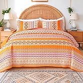 Heymybed Boho Quilt Set Queen Size Orange Coverlet Bedspread Bohemian Striped Bed Cover Microfiber Soft Lightweight Bedding Sets for All Seasons (96"×90")