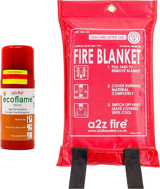 Fire Extinguisher & Fire Blanket Home Kit Safe For Cooking Oil/Fat Fires & Class A (Wood/Paper