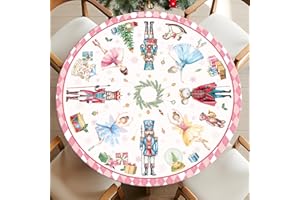 Nutcracker Round Christmas Tablecloth Pink Round Fitted Tablecloth with Elastic Waterproof Christmas Table Decorations Cover 
