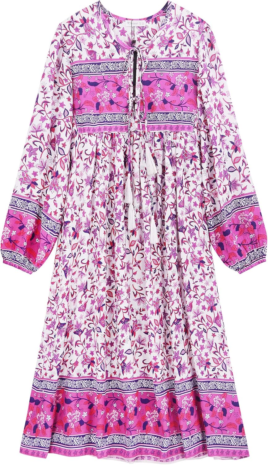 R.Vivimos Women's Long Sleeve Floral Print Retro V Neck Tassel Bohemian Midi Dresses: Clothing