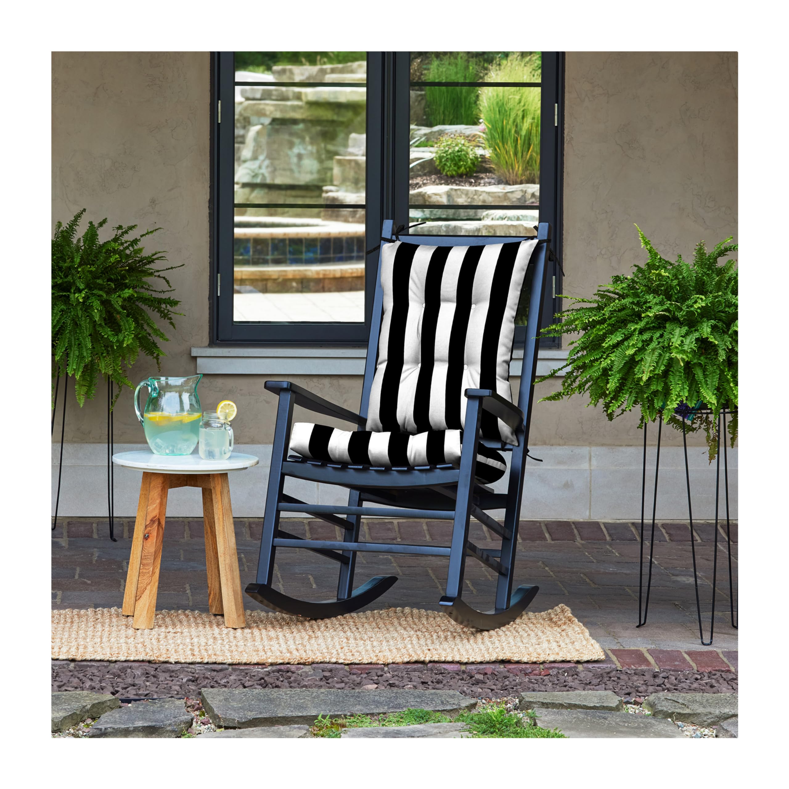 Photo 1 of **ONLY CUSHIONS**Arden Plush Indoor/Outdoor Rocking Chair Cushion Set, 18 x 20, Water Repellent, Fade Resistant, Tufted Cushion for Rocking Chairs Black Cabana Stripe set of 2