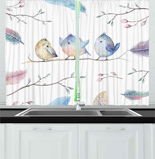 Amazon Com Ambesonne Animal Kitchen Curtains Hand Drawn Birds