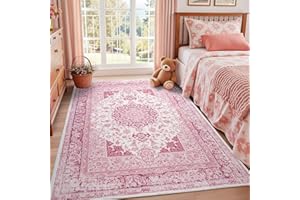 Macgace 5x7 Bright Pink Area Rug for Living Room, Machine Washable Rugs with Non-Slip Backing for Girls Bedroom, Cute Vintage Carpet for Kitchen Laundry Kids Room