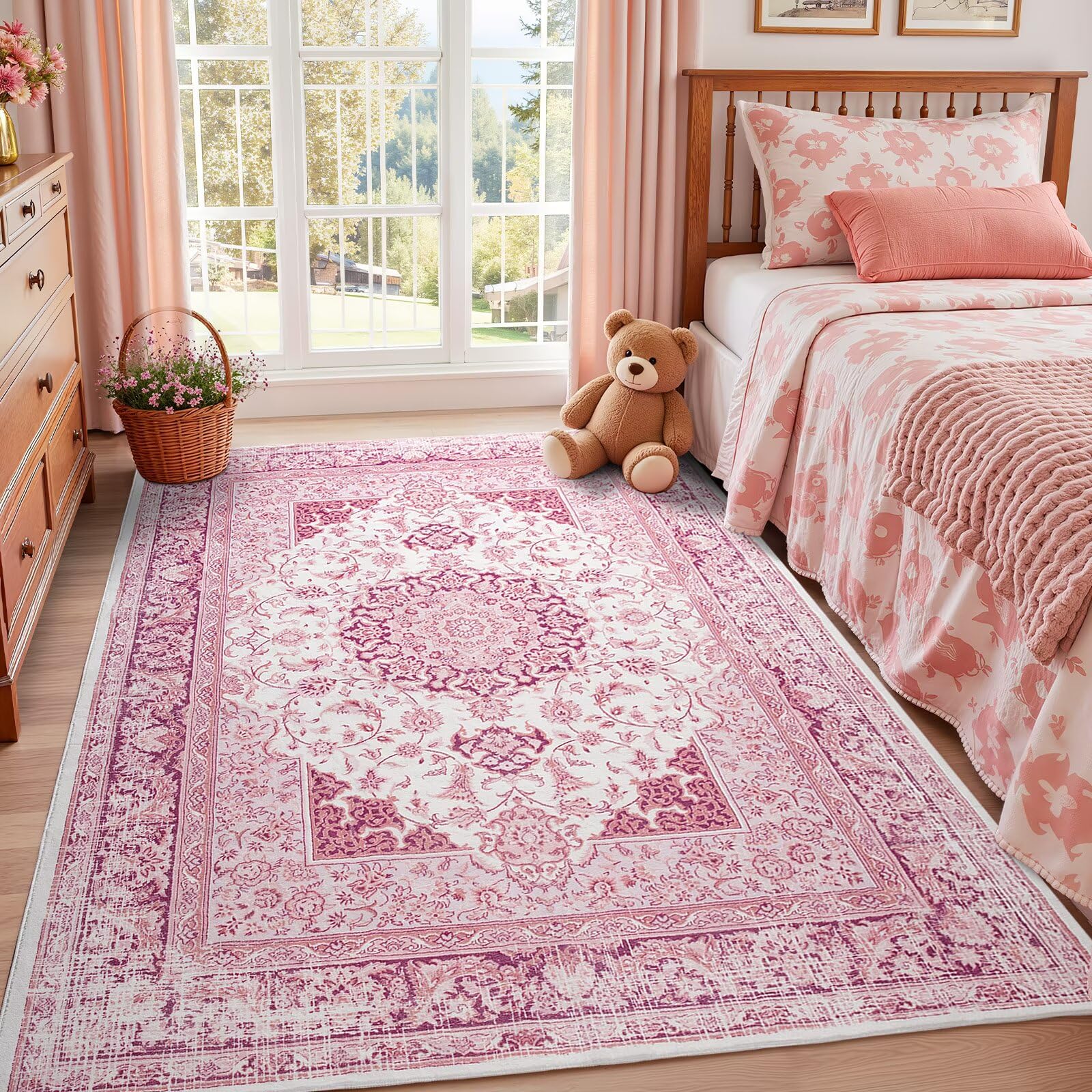 Macgace 5x7 Bright Pink Area Rug for Living Room, Machine Washable Rugs with Non-Slip Backing for Girls Bedroom, Cute Vintage Carpet for Kitchen Laundry Kids Room Image