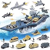 28 Inches Military Aircraft Carrier Toys, Army Toys Playset with 18 Vehicles, Battleship Tank Airplane Helicopter Fighter Jet