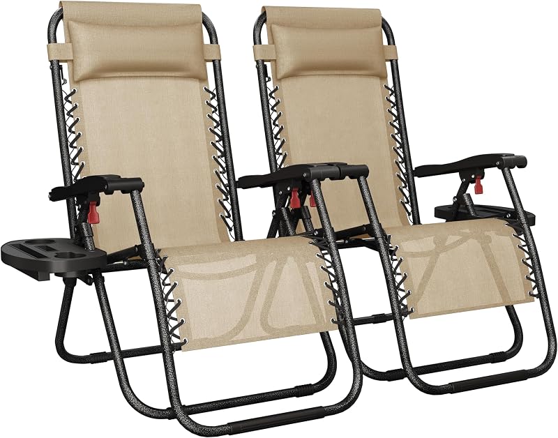 Yaheetech Zero Gravity Chairs Outdoor Set of 2 Beige with Pillows Cup Holder