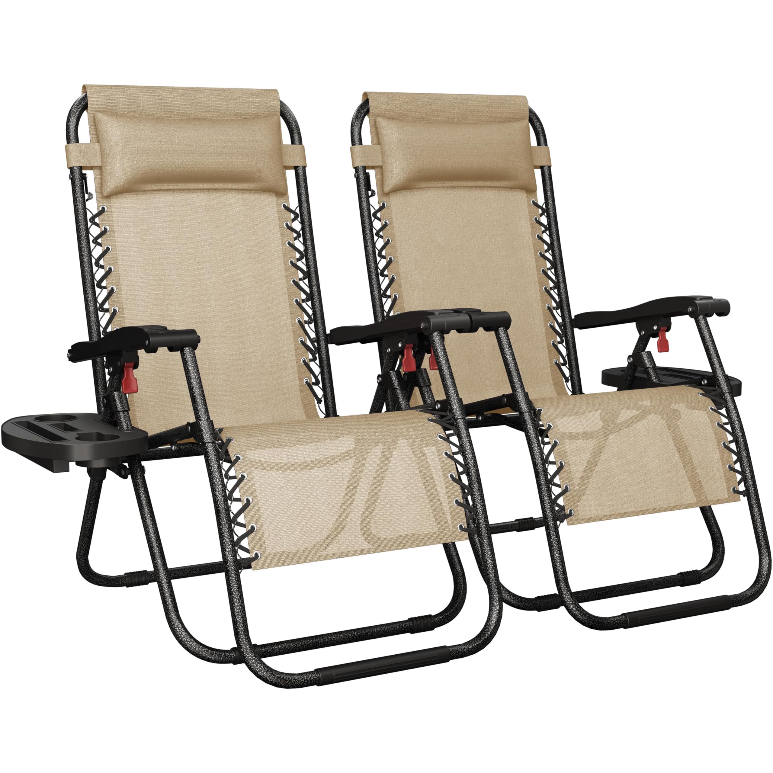 Yaheetech Zero Gravity Recliners Outdoor Adjustable Folding Reclining Lounge Chairs w/Pillows, Cup Holder Trays and Carry Strap for Patio Backyard Beach Beige Set of 2 Image