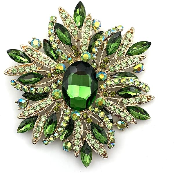 SELOVO Vintage Green Leaf Bouquet Rhinestone Brooch Pin - Antiqued Gold Tone, 2.7x2 Inch - View #9