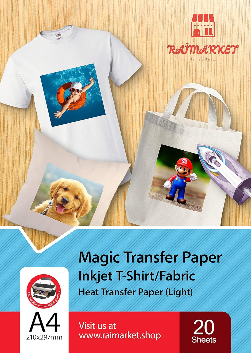 Raimarket Premium Iron on Transfer Paper t-Shirt Printing for Light Fabrics A4 20 Sheets