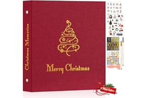 Lanpn Christmas Self Adhesive Photo Album Scrapbook, Linen Cover Merry Christmas DIY Sticky Magnetic Pages holds 4x6 5x7 A5 Picture for Xmas Holiday (Small-30 Sheets/60 Pages, Red)