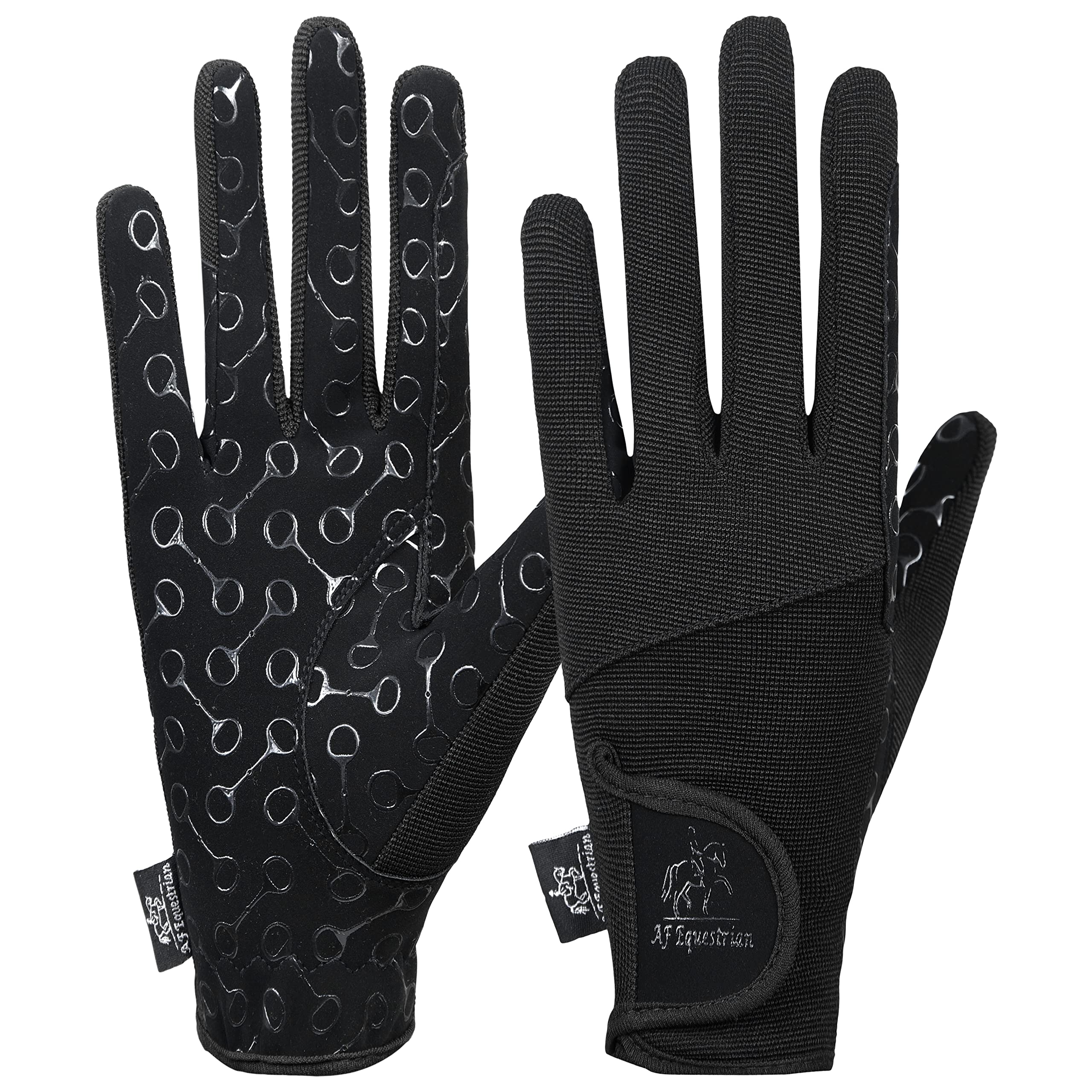 AFE Ladies Horse Riding Gloves Track Fabric Gloves Synthetic Leather Equestrian Black Stretch Fabric Silicone Printed Palms (Large)