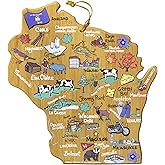Totally Bamboo Wisconsin State Shaped Cutting Board and Charcuterie Serving Platter with Artwork by Fish Kiss, Includes Hang Tie for Wall Display