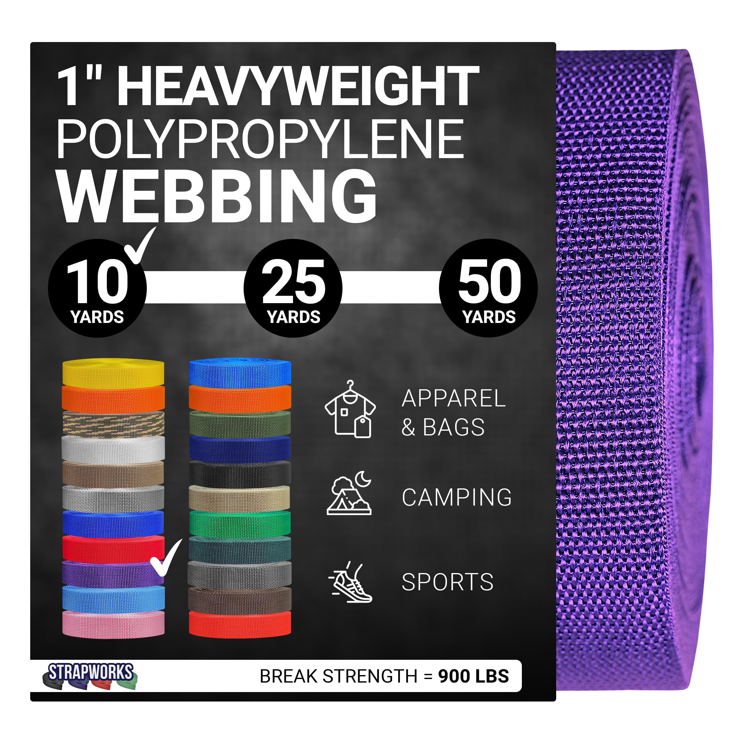Strapworks Heavyweight Polypropylene Webbing - Heavy Duty Poly Strapping for Outdoor DIY Gear Repair, 1 Inch x 10 Yards - Purple