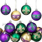 Watayo 12 PCS Mardi Gras Hanging Ball Ornaments, 2 Inch Mardi Gras Shatterproof Ball, Purple Green Gold Glitter Tree Ornaments for Holiday New Orleans Masquerade Party Decor
