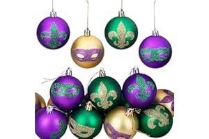 Watayo 12 PCS Mardi Gras Hanging Ball Ornaments, 2 Inch Mardi Gras Shatterproof Ball, Purple Green Gold Glitter Tree Ornaments for Holiday New Orleans Masquerade Party Decor