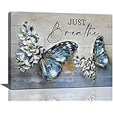 Farmhouse Blue Butterfly Flower Decor Wall Art Vintage Rustic Country Butterfly Just Breathe Pictures Wall Decor Canvas Painting Prints Artwork Home Decorations Framed for Bathroom Bedroom 16"x12"