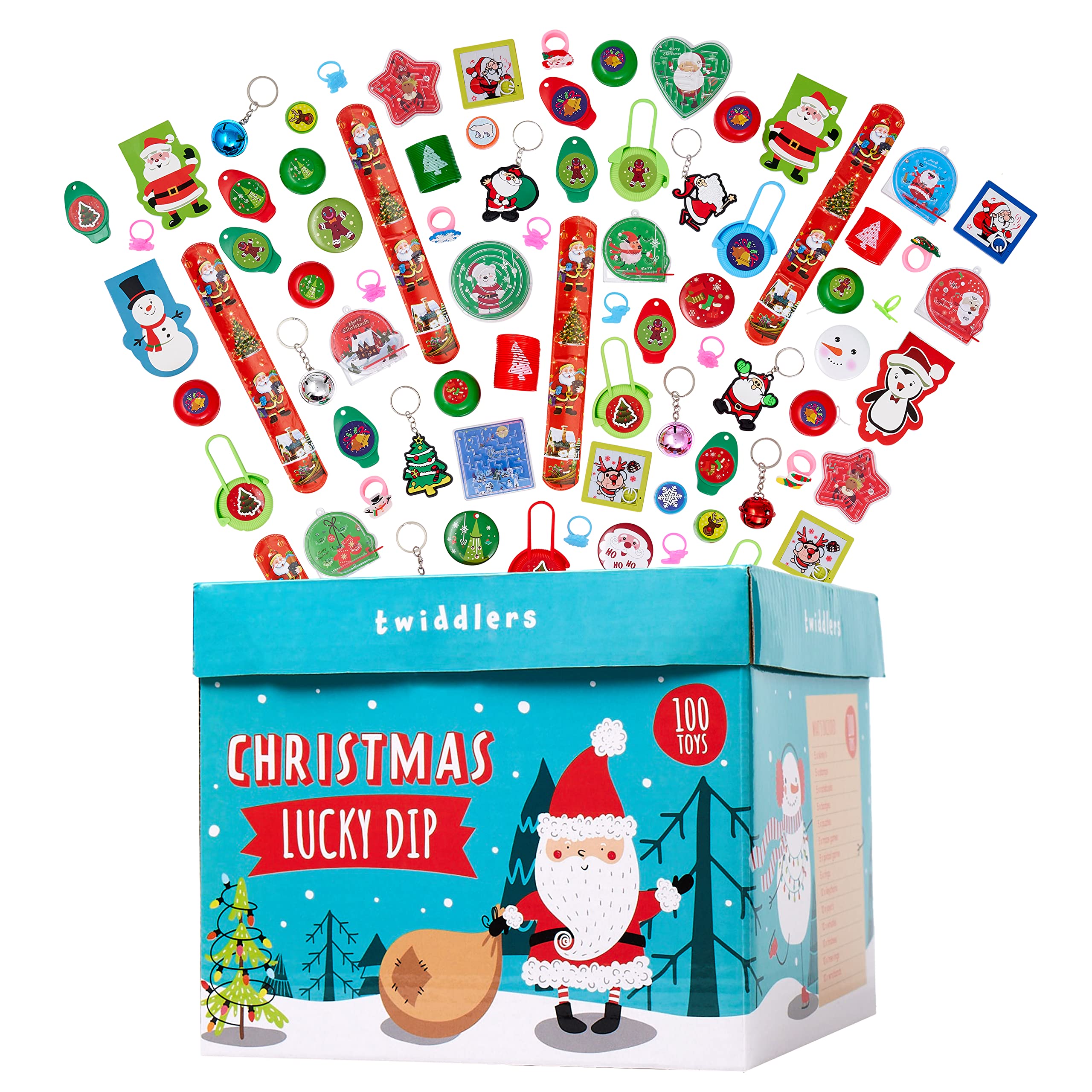 THE TWIDDLERS 100 Christmas Party Bag Fillers for Kids, Lucky Dip Box Pass the Parcel, Assorted Christmas Favours Fun Xmas Designs - Perfect for Playgroup, Nursery, School Classroom Rewards