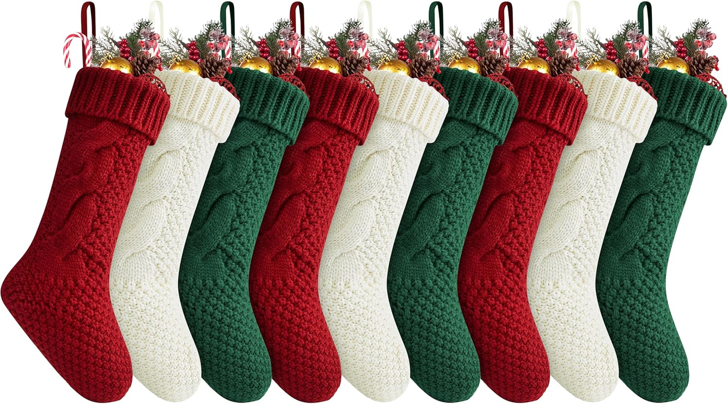 Stockings & Holders - Fesciory Christmas Stockings 9 Pack, 18 Inches Large Size Twist Knitted Stockings Gifts for Xmas Family Holiday Party Decorations, Burgundy&Ivory White&Green