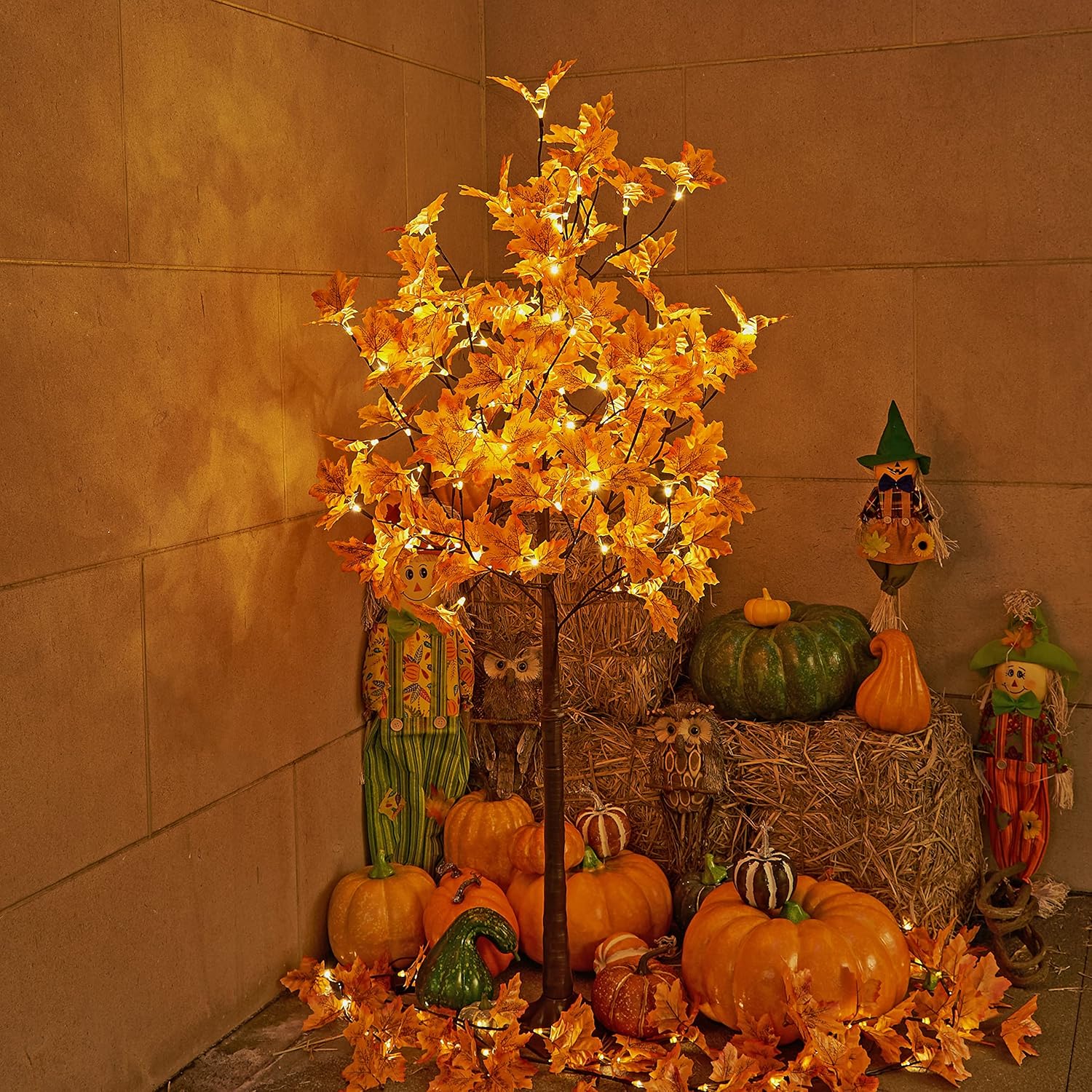 Trees - LIGHTSHARE 5FT 96LED Artificial Lighted Maple Tree Warm White Halloween Fall Decorations Indoor Ourdoor, Orange