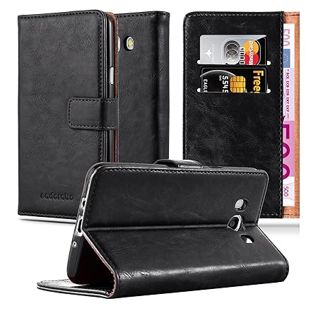 Cadorabo Hülle für Samsung Galaxy J5 2016 (6) - Hülle in Graphit SCHWARZ – Handyhülle im Luxury Design mit Kartenfach und Sta