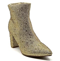 Women Rhinestone Block Chunky Heel Ankle Bootie