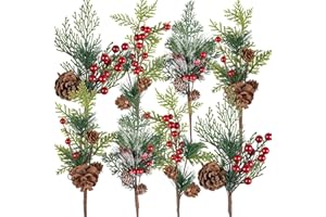 AnyDesign Artificial Christmas Picks Assorted Faux Pine Picks Red Berry Picks Stems Spray Twigs Evergreen Branches for DIY Holiday Art Gift Craft Garland Ornament Floral Arrangement Wreath (8 Pack)