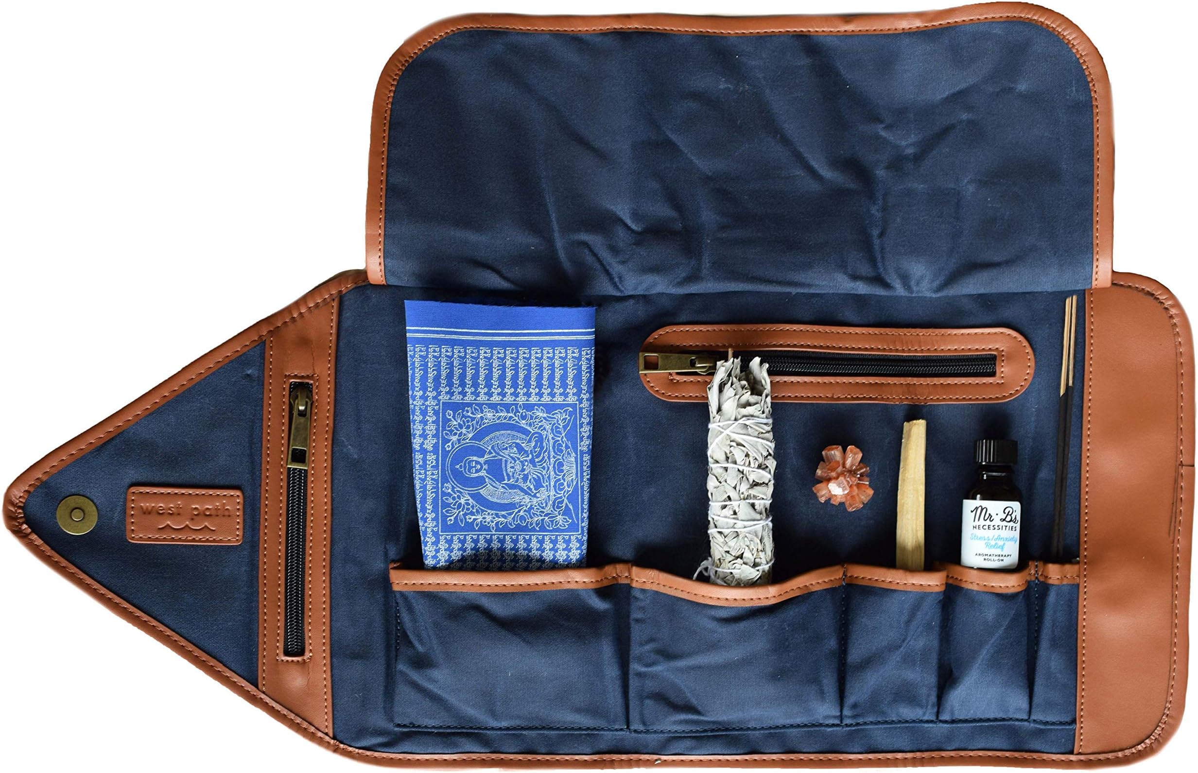 Open Road Goods Meditation Kit - Healing Chakra Crystals & Smudge Gift Set | with Aromatherapy Roll On, Amethyst, Aragonite, Sage, Palo Santo, AuroShikha Incense & Canvas Carrier (Aragonite Crystal)