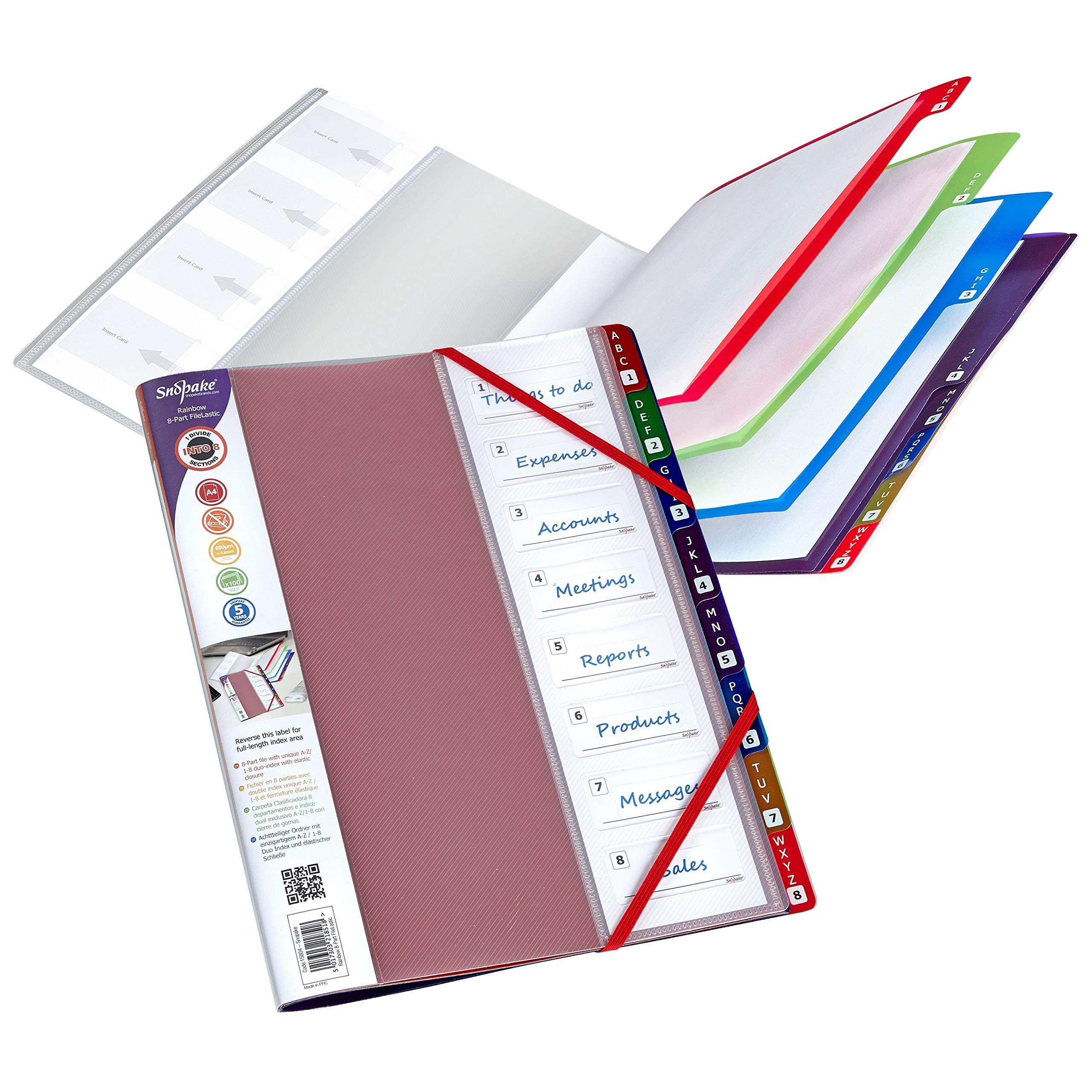 Snopake A4 FileLastic 8-Part Rainbow with Duo Index [Pack of 1] Multi-Part File/Divider with Elasticated Closure [15804]