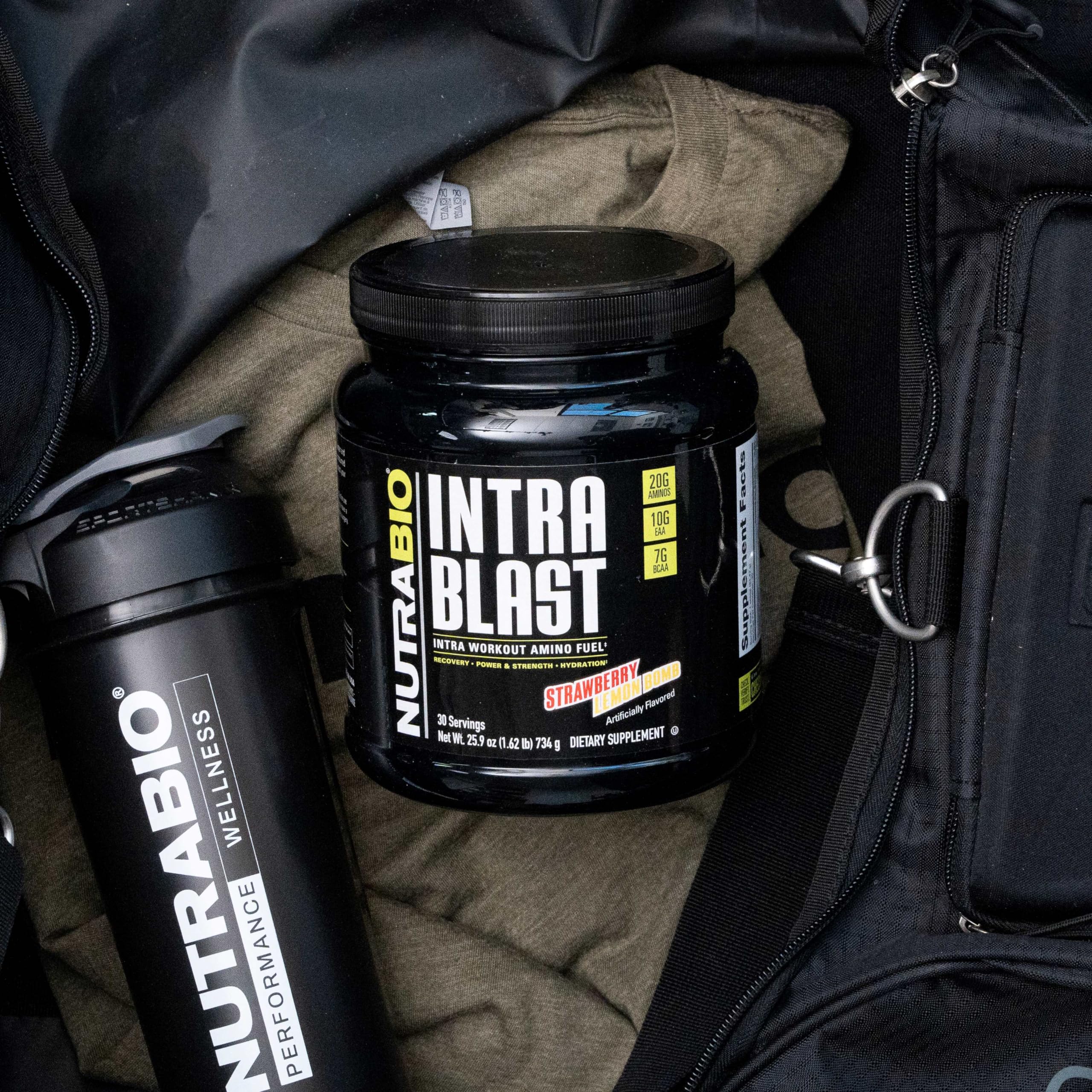 NutraBio Intra Blast Bcaa Powder Amino Acid Supplement, Electrolyte & Hydration Blend, Intra, Pre Workout & Muscle Recovery, 20g Eaa Amino Acids Powder, 5g Glutamine- Strawberry Lemon Bomb, 30 Serving