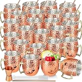 Moscow Mule Mugs Set of 24 Copper Plated Mule Mugs 18oz Bulk Large Hammered Stainless Steel Cups with Handle 1pcs 0.5oz Double Jigger Stainless Steel Straws for Cold Chilled Drinks Cocktails