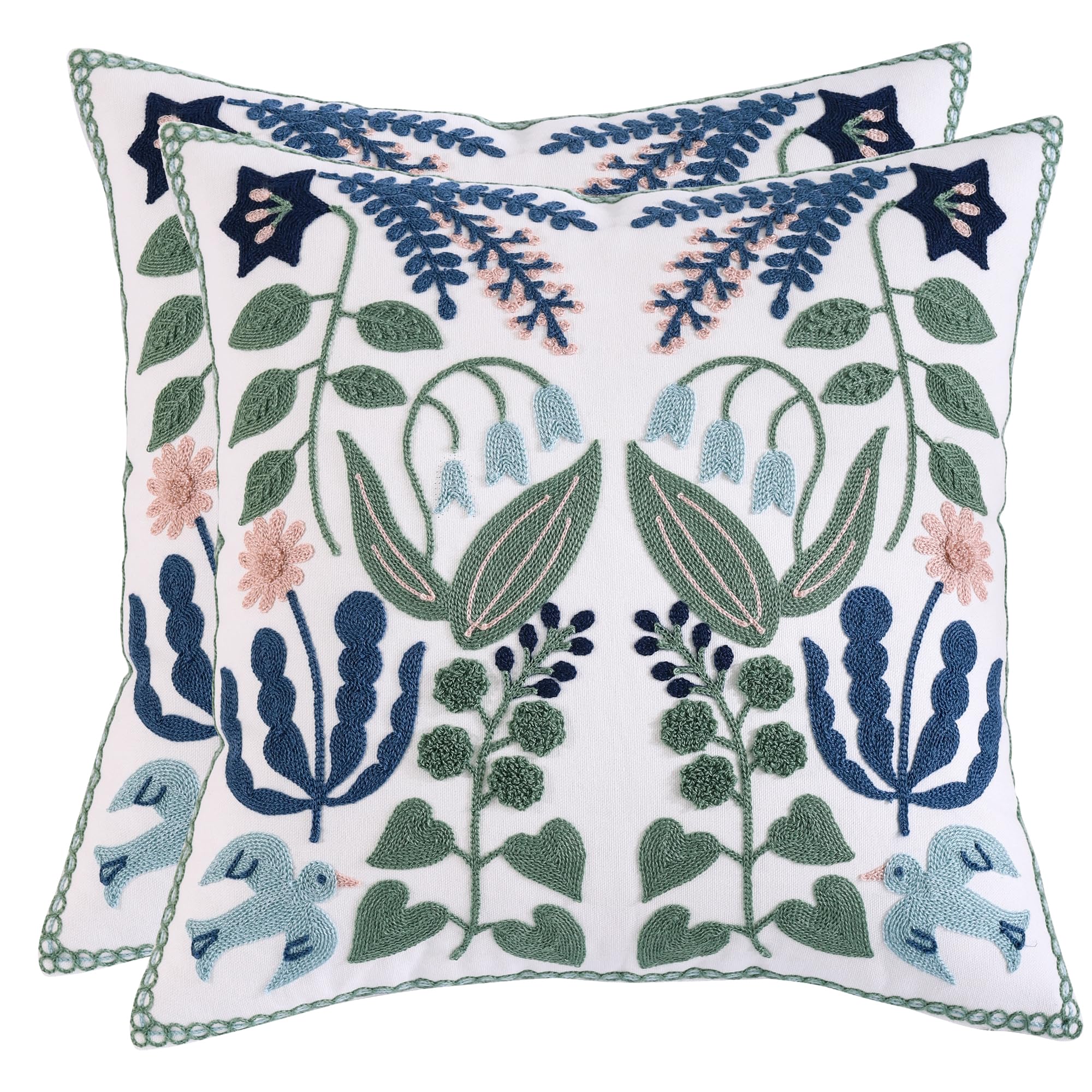 Tosleo Embroidered Decorative Throw Pillow Covers 18x18 inch Pack of 2 Green Leaves with Birds Floral Pillowcases Farmhouse Pillow Cushion Cases Home Decor Square Blue Flower Pillow Case — image 1