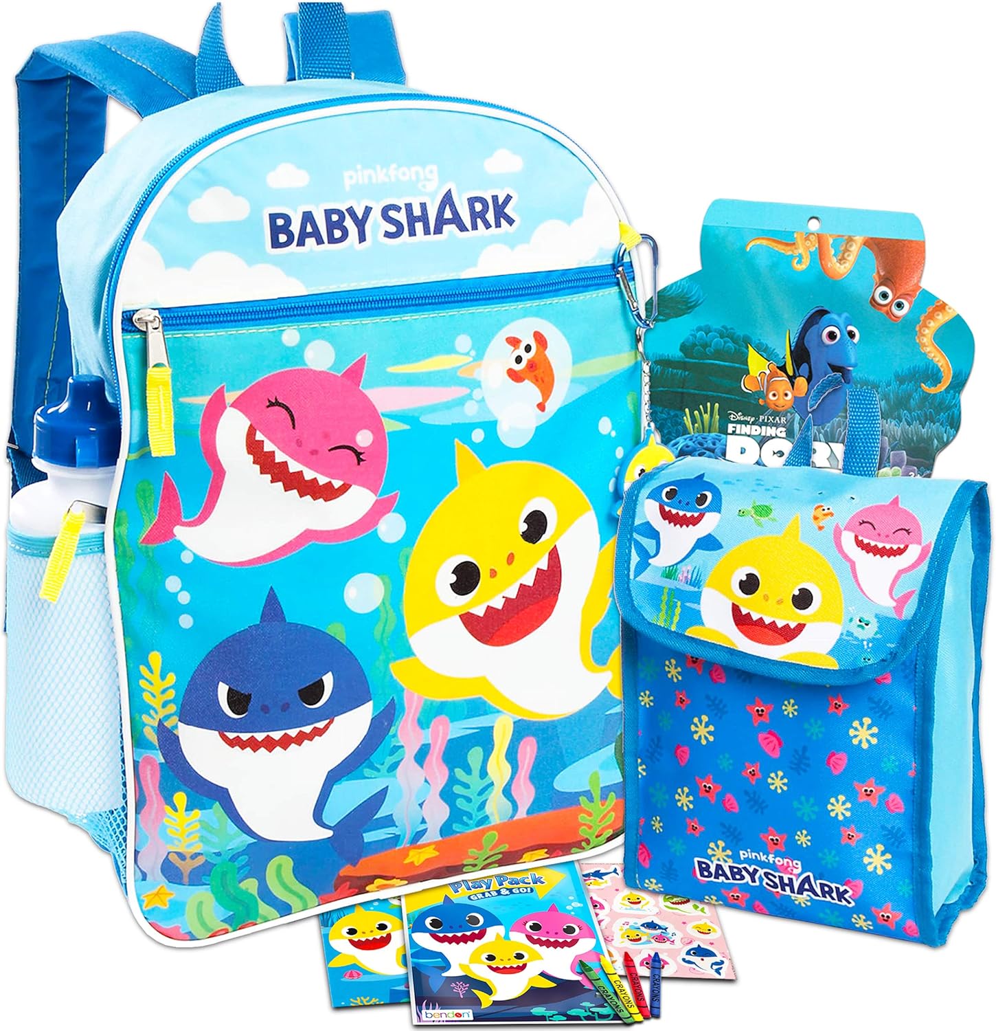 Baby Shark Backpack and Lunch Bag for Kids 6 Piece Bundle with Water
