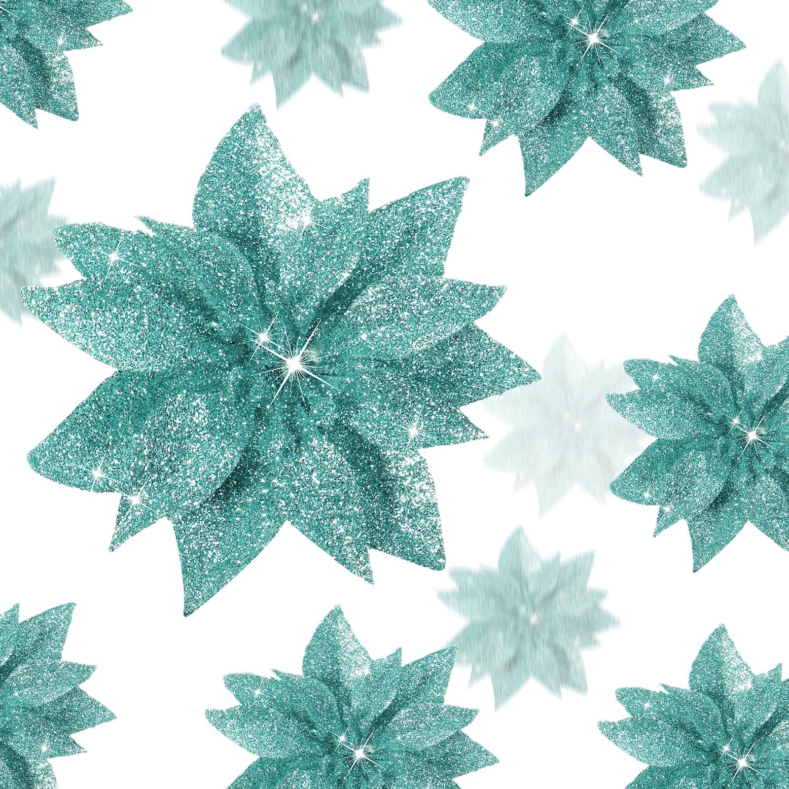 Chunyin 24 Pcs Christmas Glitter Artificial Poinsettia Flowers 6 Inch 4 Inch 3 Inch Poinsettia Clip on Ornaments Christmas Tree Decorations Indoor Xmas Poinsettias for Wreath Fireplace(Blue Green)