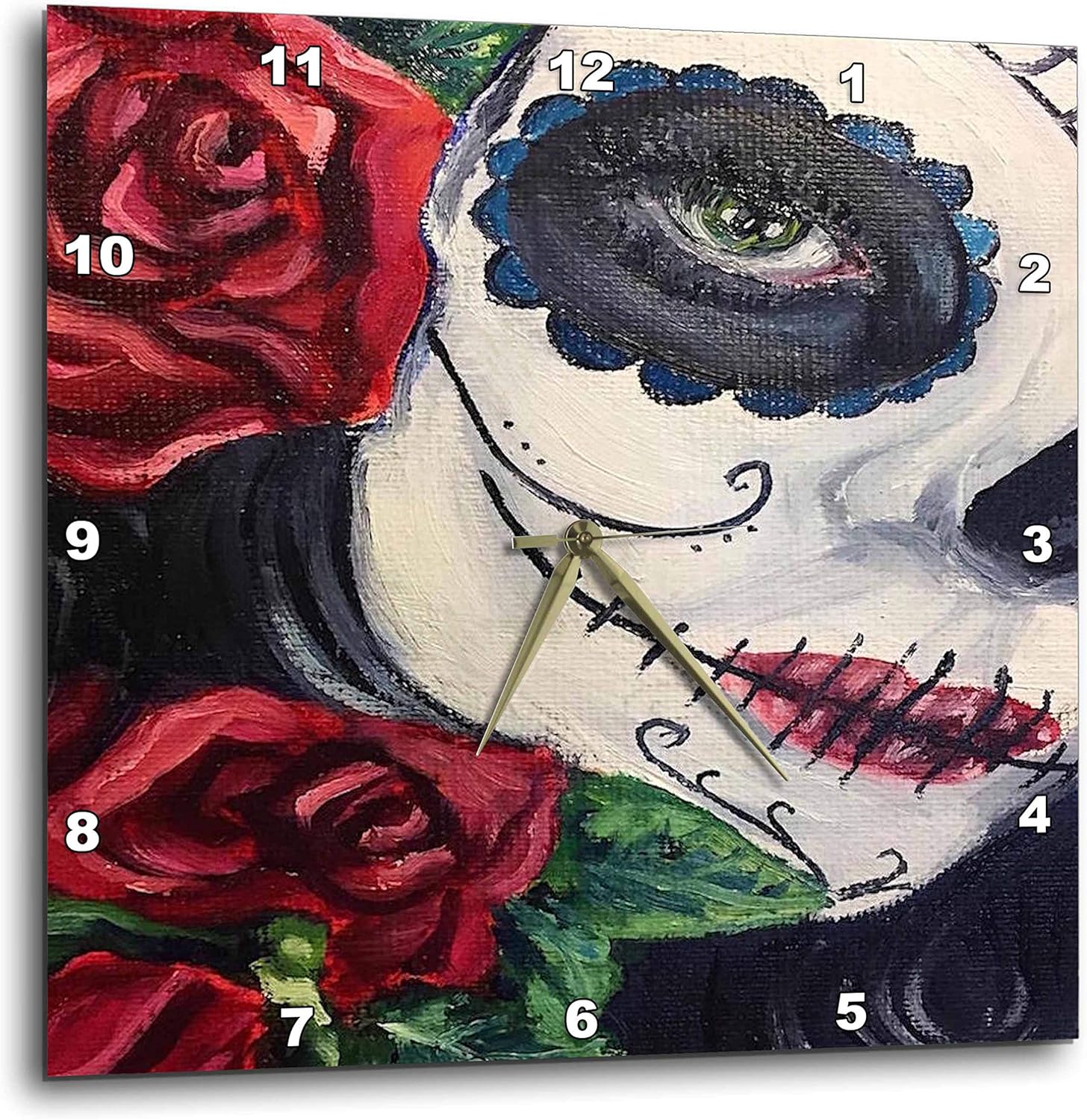 3dRose Melissa A. Torres Art Dia de Los Muertos - Image of Partial face of Woman in Day of The Dead Makeup with Roses - 15x15 Wall Clock (DPP_287461_3)