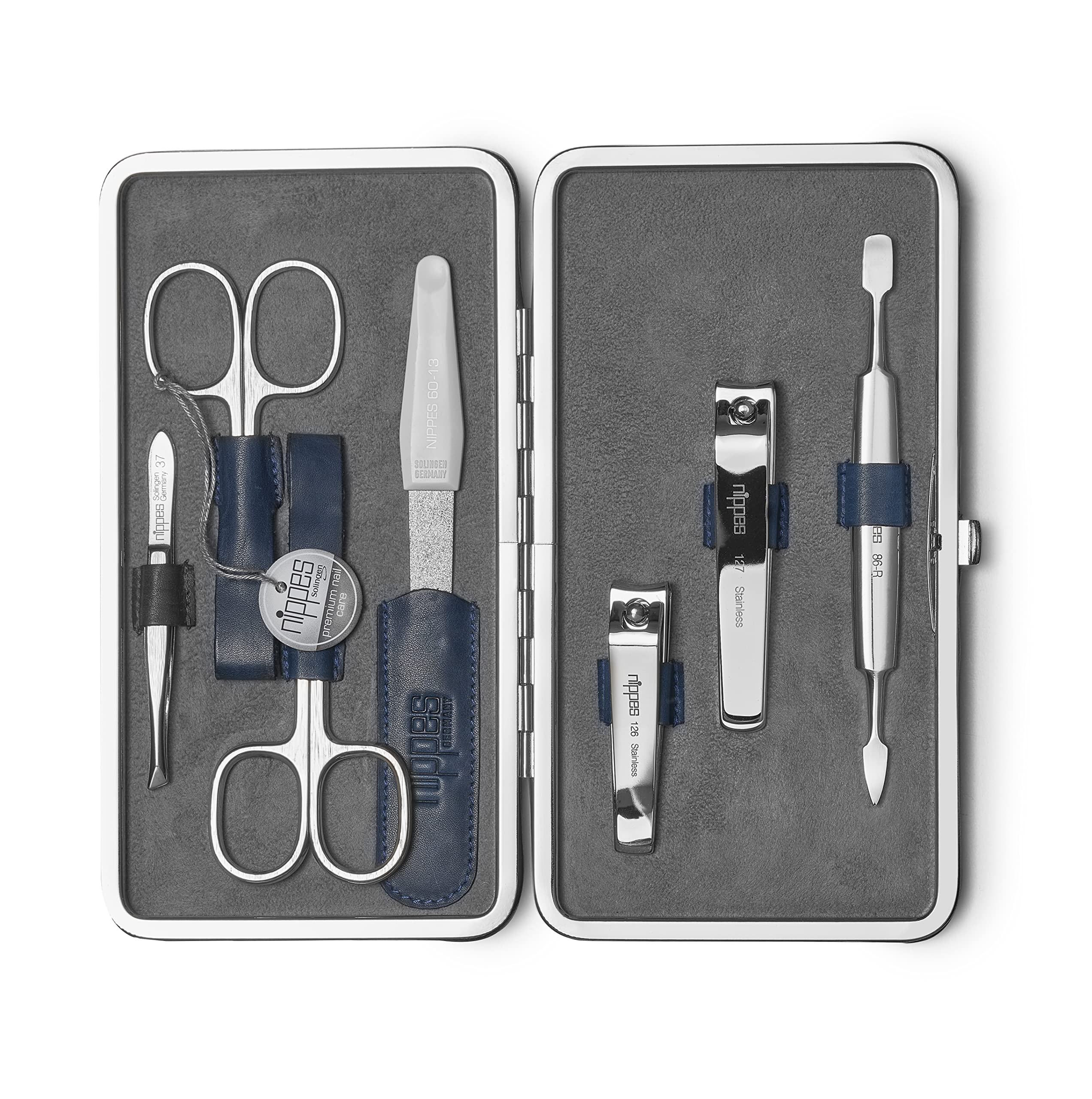 nippes Solingen Manicure Set Vintage, 7-Piece Antique Cowhide Nail Set with Frame, Soft Suede Inside, Made in Germany, Nail Care Set with Nickel-Plated Instruments