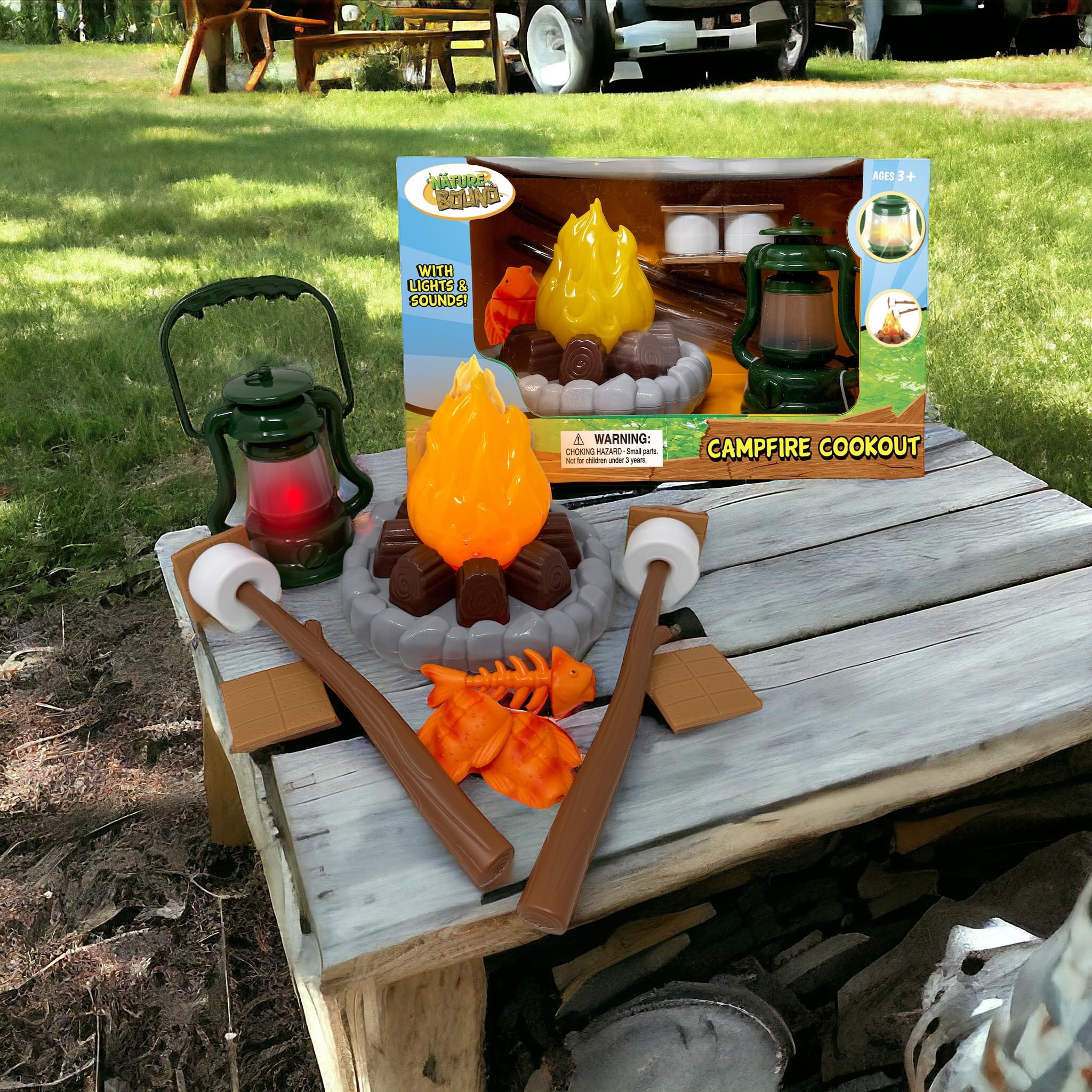 Nature Bound Kids Camping Playset - Light-Up Campfire Toy Set for Indoor and Outdoor Adventures - Pretend S’Mores, Lantern, and Camping Accessories