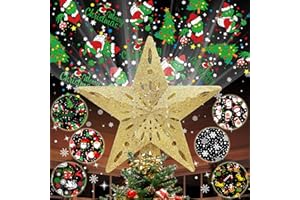 KIFIRAY 10" Christmas Tree Topper Star Lighted with 6 Projection Modes, Light Up Christmas Tree Topper Built-in LED Rotation Light, 3D Glitter Dynamic Projector Tree Top for Xmas Party Decorations Gift